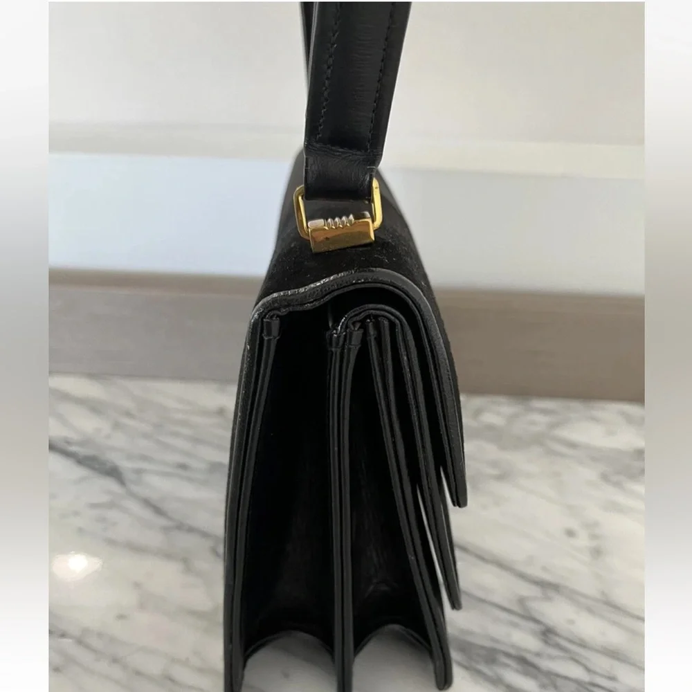 Black Purse Double Flap Evening Bag Leather Pony Satin Gold Vintage 50s 60s
